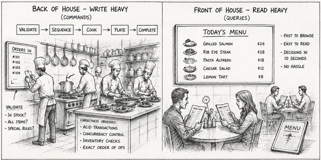 A restaurant kitchen next to a menu board — the write model and the read model